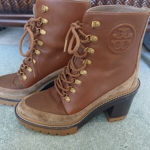 Tory Burch Brown Leather Lace-Up Block Heel Booties